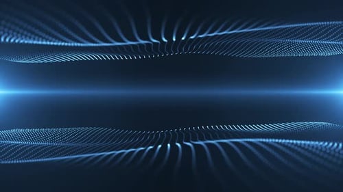 Une onde lumineuse abstraite provenant de particules et de points se déplace sur un fond bleu, visualisation de données volumineuses