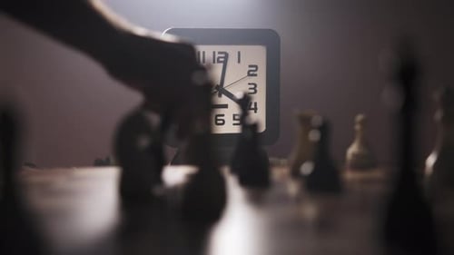 Timelapse A Man Playing Chess on Chessboard in a Dimly Lit Room