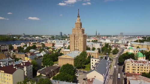 Aerial Arch of Soviet Science House in Riga city centre with bridges, June 2023