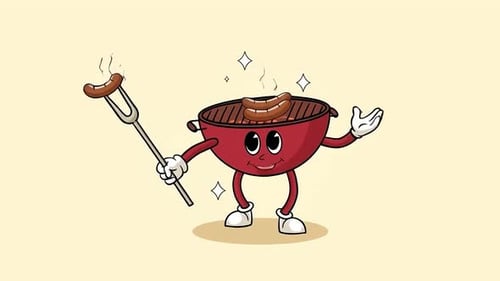 Cheerful Barbecue Grill Character Dancing with Sausage, Mascot - Kids Cartoon Foods Animations