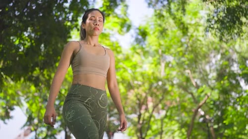 Woman Stretching Upward in Green Park Setting