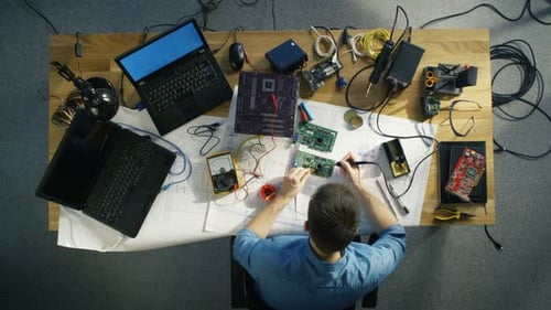 Top View of Young IT Technician Soldering Circuit Board. His Table is Full With Various Computer Pa