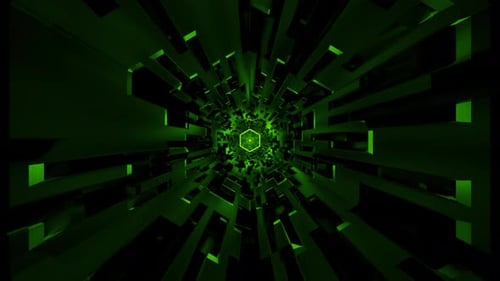 Túnel de tecnología de neón brillante de color verde futurista de bucle transparente.