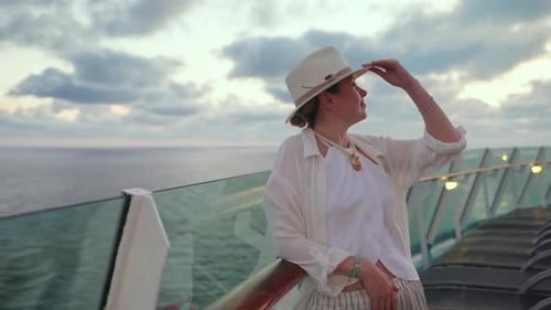Stylish and Elegant Woman Enjoying a Cruise Ship Journey with Ocean View