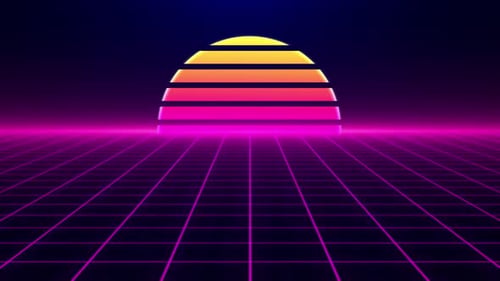 Trendy retro futuristic pink neon lights. Retro sunset sun and grid. Cyberpunk 80s Retrowave