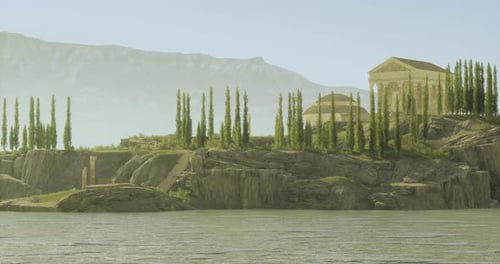 Ancient Ruins Along Serene Waters Amidst Distant Mountains