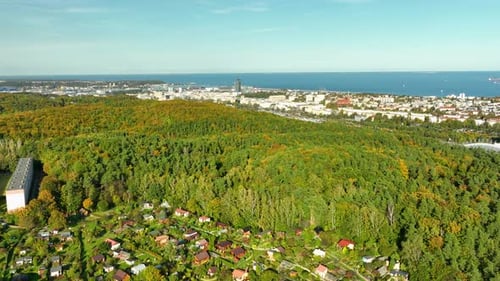 Vue aérienne d'une banlieue près de Gdynia, entourée de forêts automnales colorées, avec des maisons nichées
