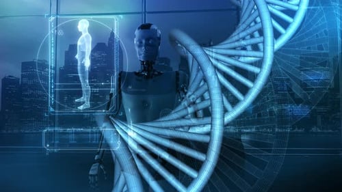 Futuristic AI Robot with DNA and Human Body Digital Interface