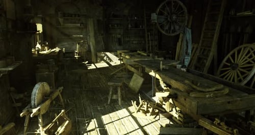 Escena de taller rústico Taller anticuado con herramientas y madera