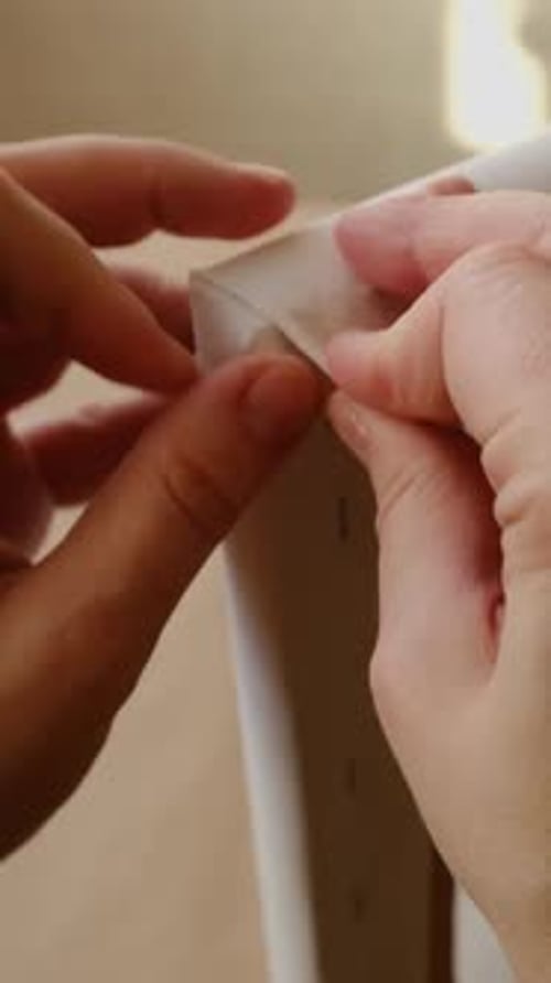 Vídeo vertical: mãos dobram as bordas da tela, esticam a tela na maca