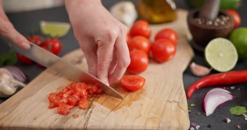 Hands Dicing Fresh Tomatoes on Cutting Board
