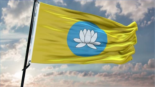 Realistic Waving Flag with Lotus Symbol Against Sky
