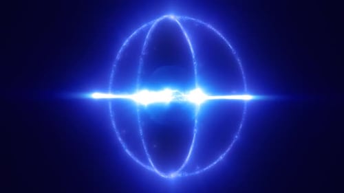 A glowing blue sphere surrounded by vibrant, swirling particles and energy waves