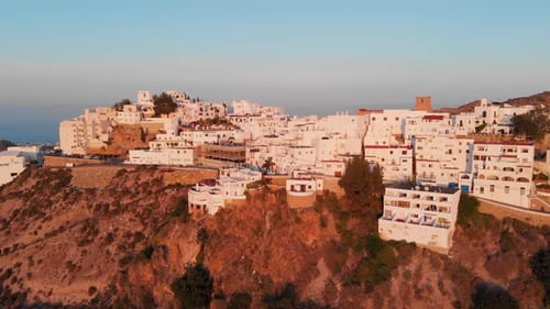 The white village Mojácar during sunset. Aerial shot.