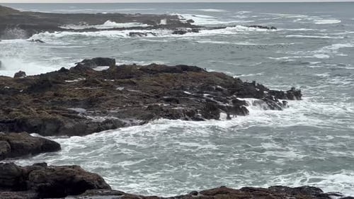Waves Crashing on Rocky Coastline on Overcast Day