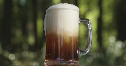 Golden Beer Filling Glass Slowly Slow Motion Beer Stream Falling Beer Foam Forming in Slow Motion