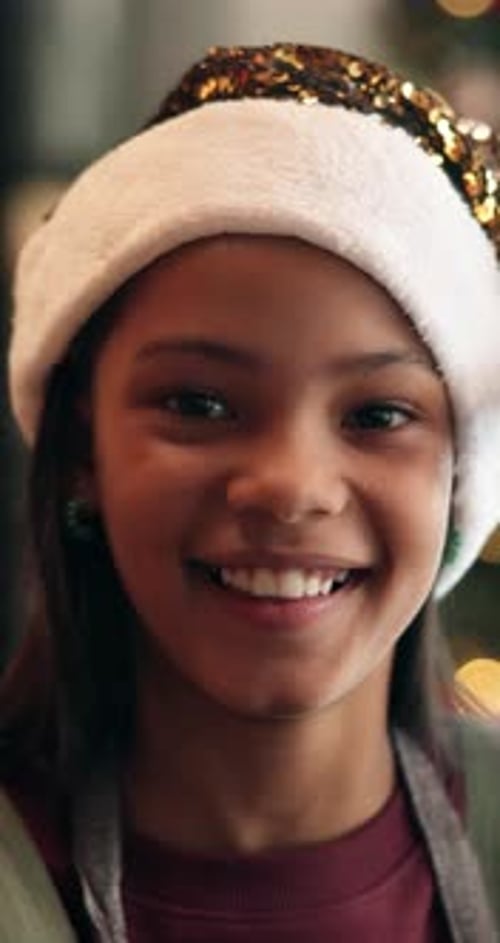 Happy girl, face or home with christmas hat for festive celebration, december holiday or new year