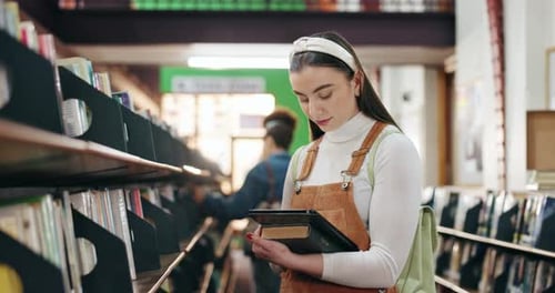 College, woman and book with tablet in campus library for fact check study or online course