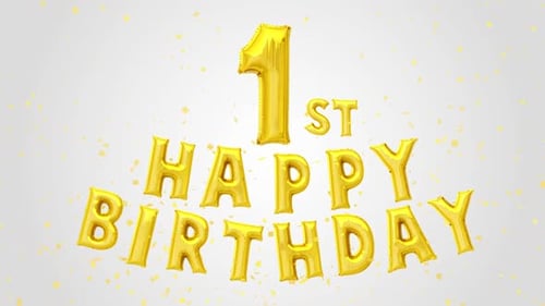 1St Happy Birthday Golden Foil Balloons Text Decoration Glitter Confetti on Trendy Background