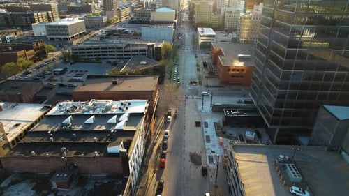Aerial view of buildings and streets, United States.