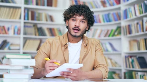 Young student with a notebook listens to online e-learning by video call in campus library space.