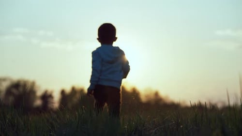 Vídeo em câmera lenta de uma criança feliz e livre correndo pelo campo