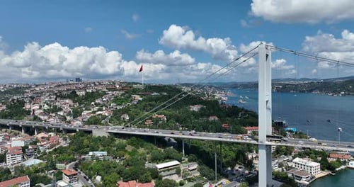 Istanbul Bosphorus Bridge and City Skyline in Background with Turkish Flag at Beautiful Sunset