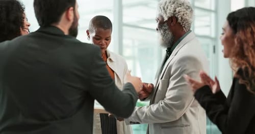 Happy, clapping and group in office, award and joy for recognition in company