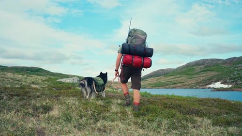 Hiker Walking with Dog in Rural Landscape