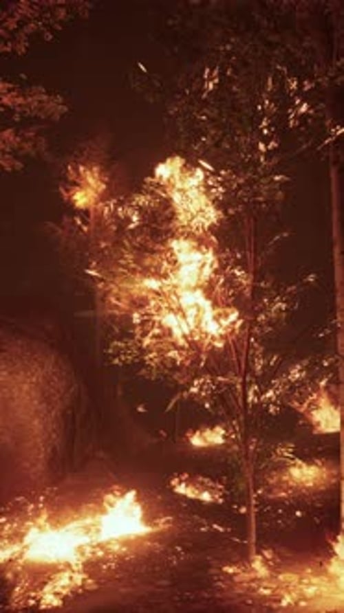 Wildfire Dances Through the Forest Under a Darkened Sky at Night