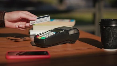 Hands Man Use Contactless Payment with Credit Card Customer Hold Phone Finance Money Paying