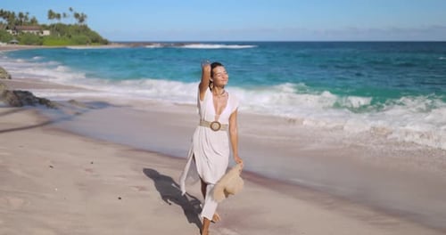 Having Fun Summer Vacation Woman on Beach in White Dress Luxury Life