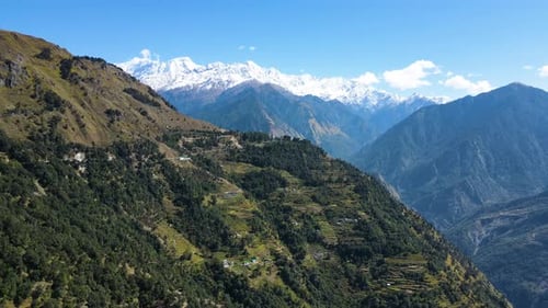 Aerial drone shot offering a stunning view of a hidden village in the lush green Himalayan ranges.