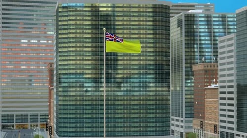 3D-Renderanimation der Flagge von Niue auf einem Mast mit modernen Gebäuden im Geschäftsviertel — Tagesansicht