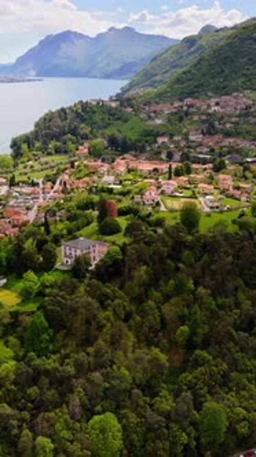 Aerial drone view of the village Bellagio near Lake Como, Italy. Vertical