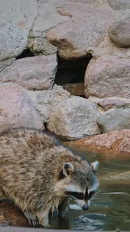Raccoons Drinking Water in a Natural Pool
