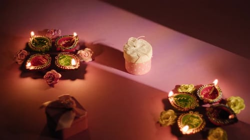 Diwali Celebration with Decorative Diyas and Gifts