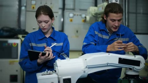 Engineers Inspecting Robotic Arm in Factory