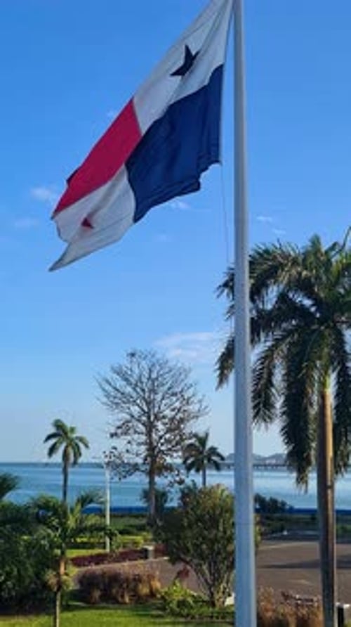 Vertical View, National Flag of Panama Waving on Pole at Waterfront Park in Panama City