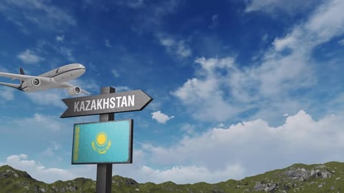 Kazakhstan Flag With Airplane And Arrow Sign