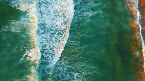 Drone Shot Turquoise Ocean Waves Washing Sand Beach