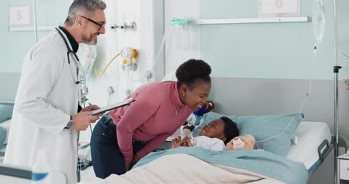 Pediatrician, mother and child in hospital bed for check or healthcare consultation in a clinic