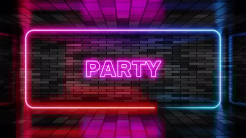Animated Neon Party Sign on Dark Brick Wall Background