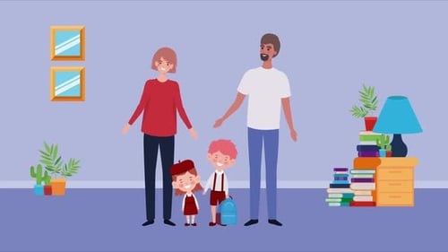 Animated Flat Design Family with Children Waving