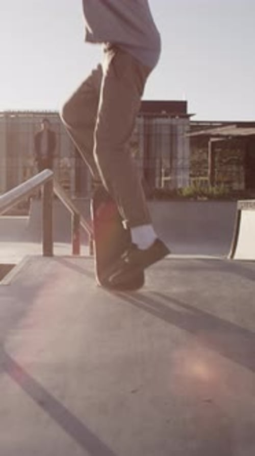 Man, grind and balance with skateboard in city for trick, training and extreme sports with action