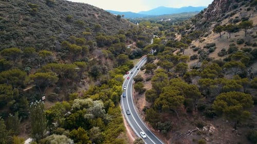 Cars Driving on Mountain Road Through Forest