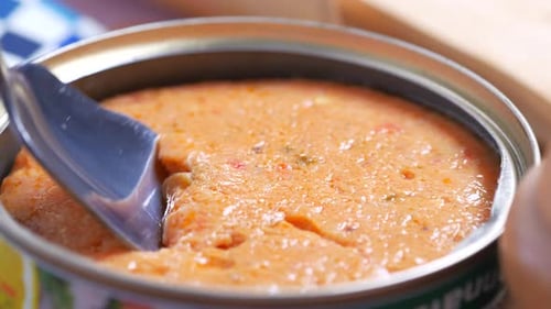 Spoon Scooping Canned Fish in Close Up