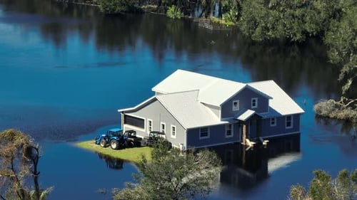 Flooded Farm House By Hurricane Ian Rainfall in Florida Residential Area Consequences of Natural