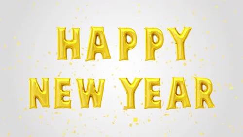 Golden Happy New Year Balloon Text with Falling Confetti