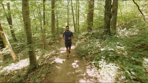 Young man running through the forest on a sunny day